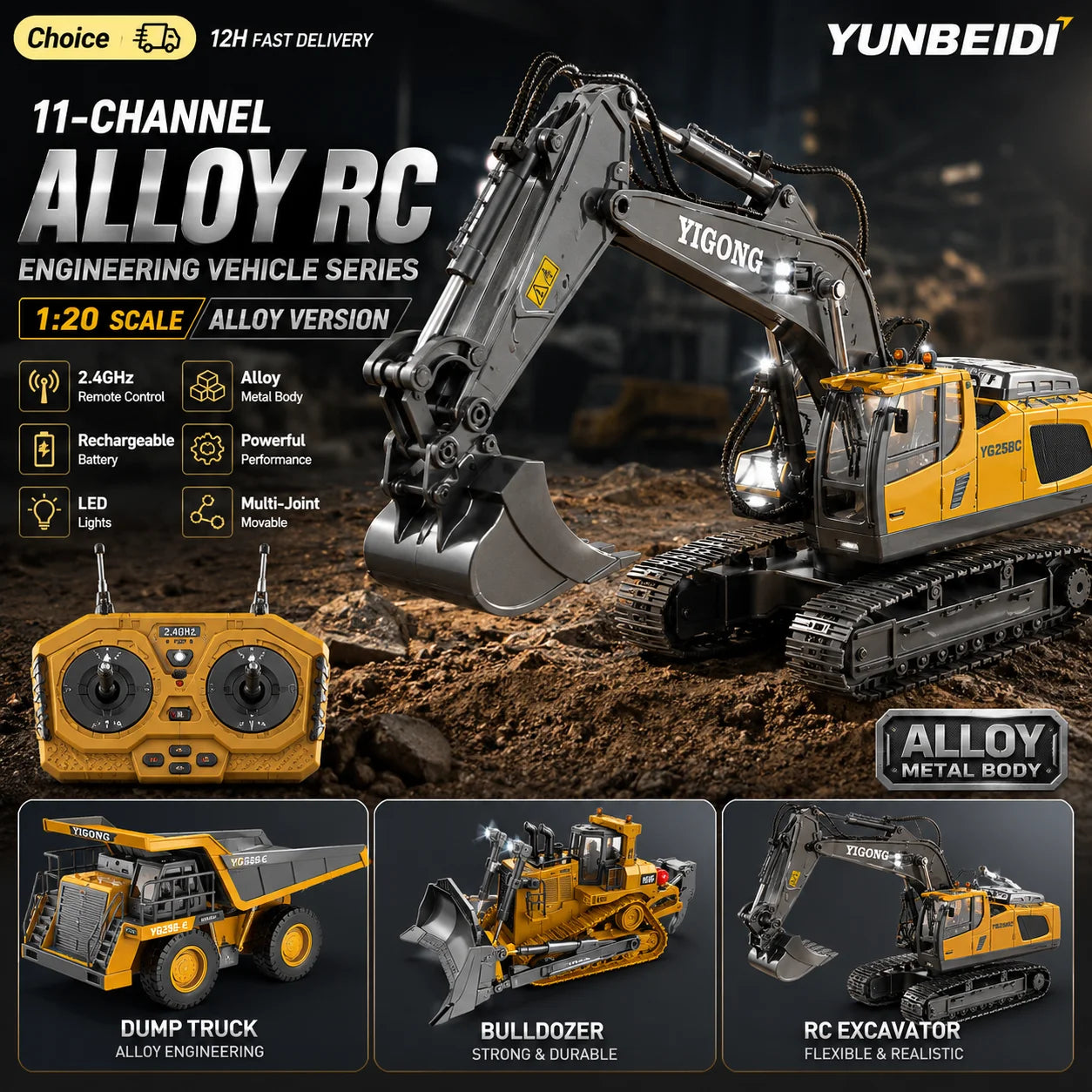 4WD Remote Control Excavator Toy 2.4GHz RC Construction Vehicle Dump Truck Bulldozer Crawler Engineering Car Best for Kids Gifts